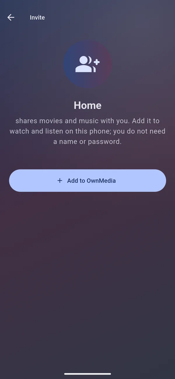 The invite on a friend’s phone with the Add to OwnMedia button