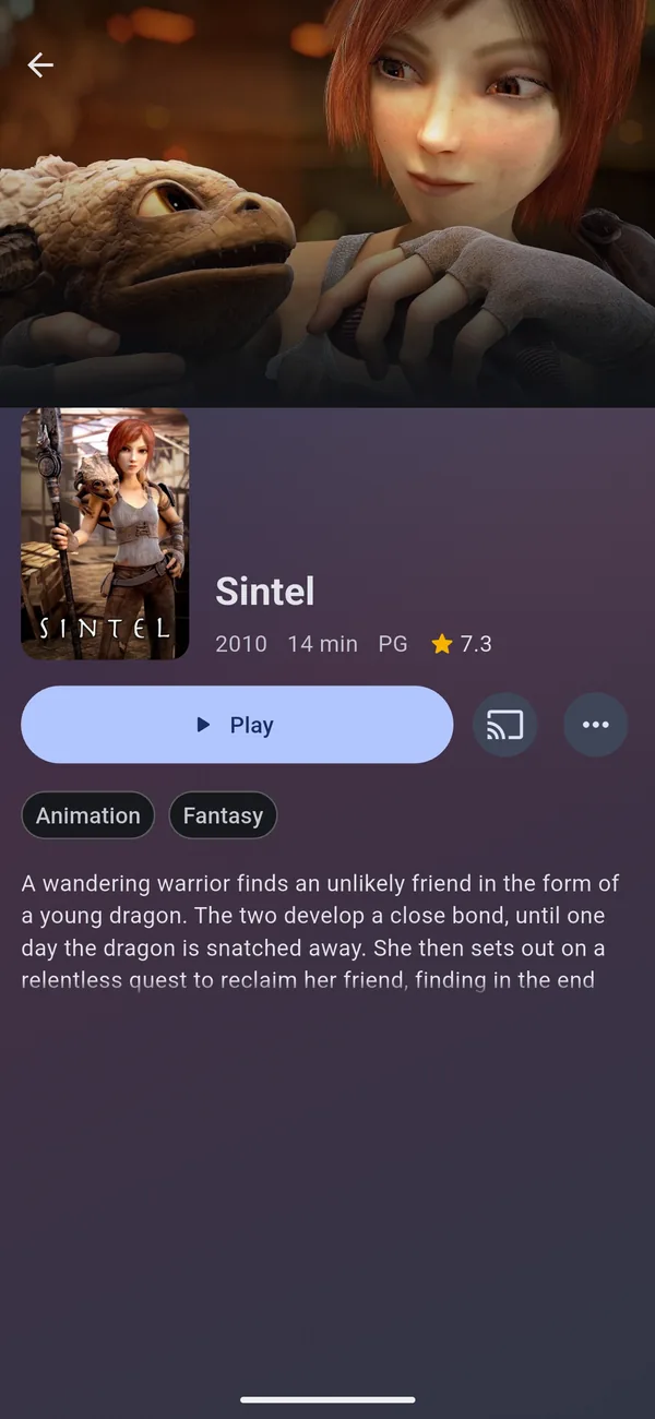 The page of the movie Sintel with Play and Play on TV buttons