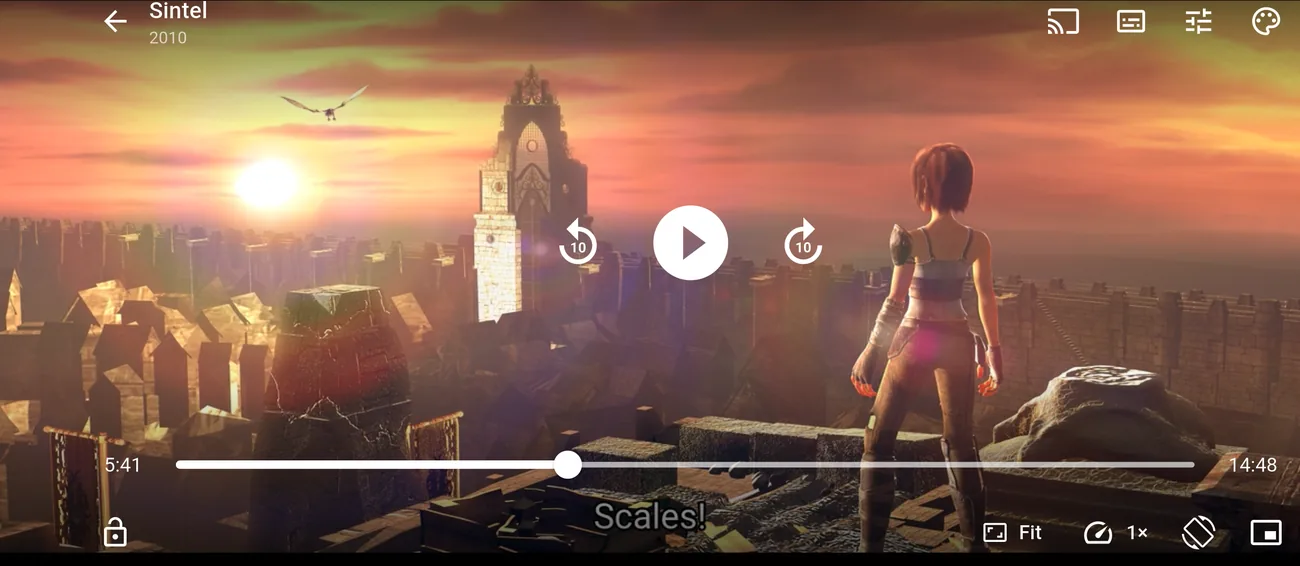 The video player over a sunset scene from Sintel, with controls and subtitles